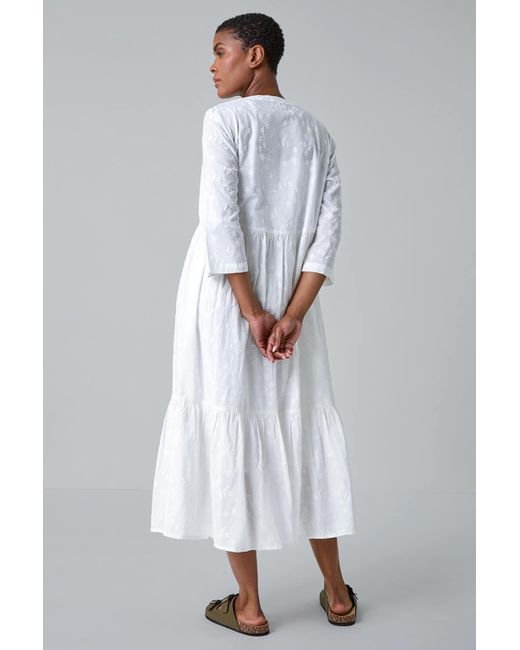 Roman Gray Embroidered Tiered Cotton Midi Dress