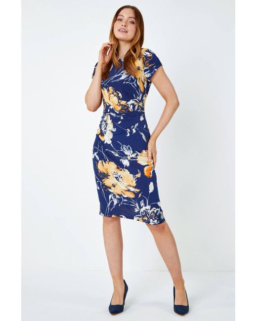 Roman Blue Fitted Textured Floral Print Ruched Dress