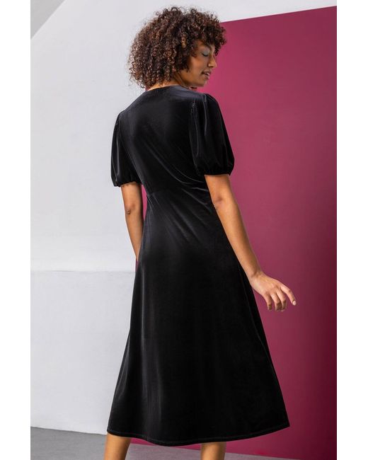 D.u.s.k Black Velvet Button Detail Fit & Flare Dress