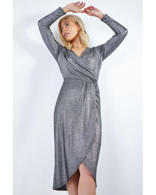 D.u.s.k Gray Metallic Ruched Wrap Dress