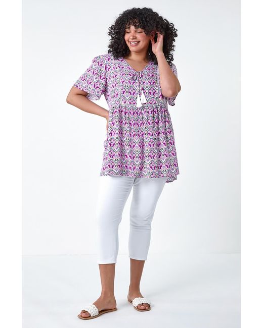 Roman Curve Purple Tie Front V-Neck Boho Printed Top