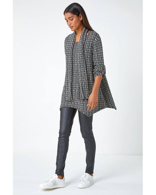 Roman Gray Abstract Print Tunic Stretch Top