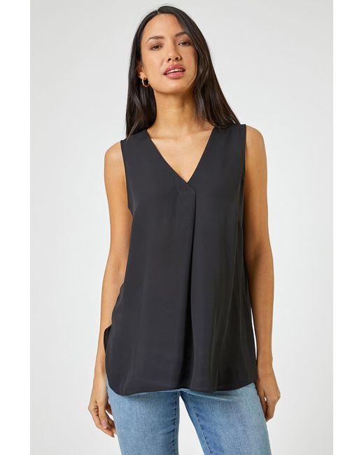 Roman Black V-Neck Pleat Tunic Tank Top