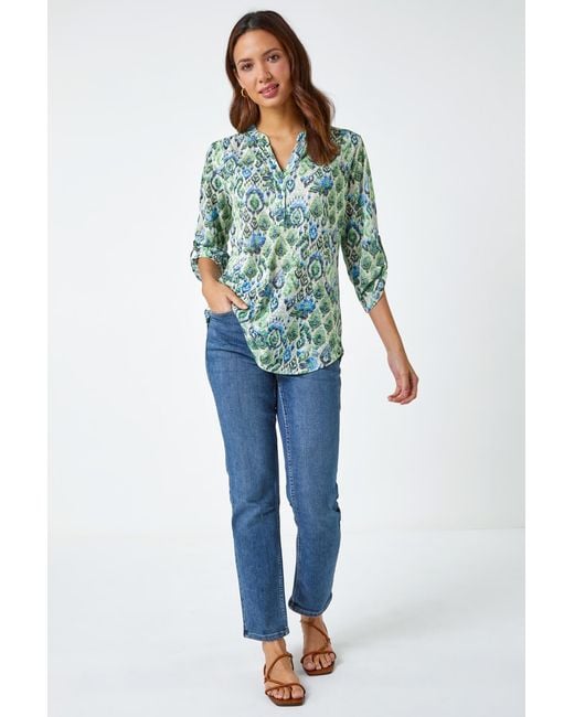 Roman Blue Aztec Burnout Print Relaxed V-Neck Tunic Top