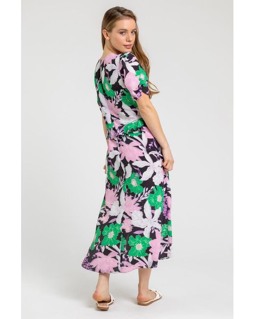 Roman Petite Green Frill Waist Floral Midi Dress