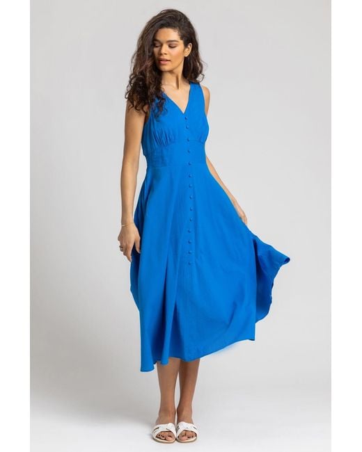Roman Blue Button Detail Cotton Midi Dress