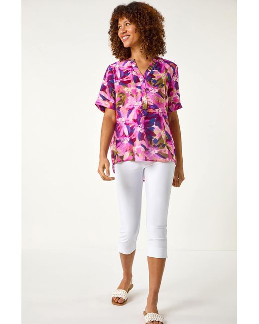 Roman Pink Floral Print V-Neck Top