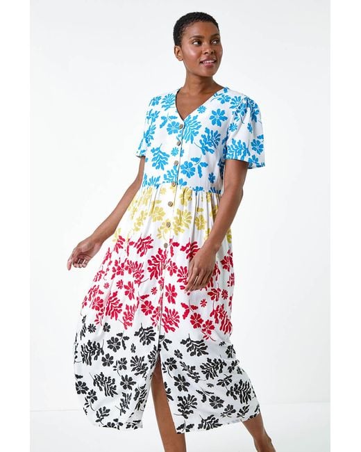 Roman White Colourblock Floral Button Tiered Dress
