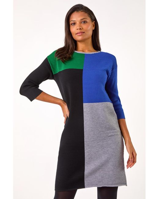 Roman Blue Colour Block Ribbed Knit Dress