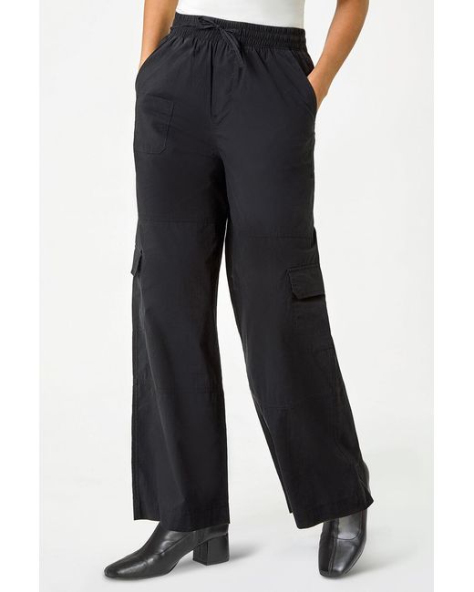 Roman Black Elastic Waist Cotton Wide Leg Cargo Trousers