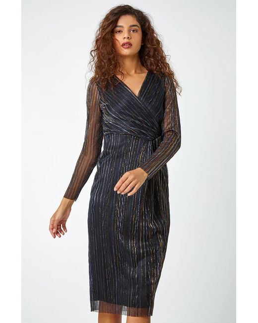 Roman Black Shimmer Stripe Print Midi Wrap Dress