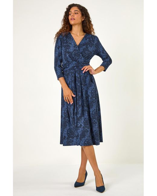 Roman Blue Animal Print Mock Wrap Midi Dress