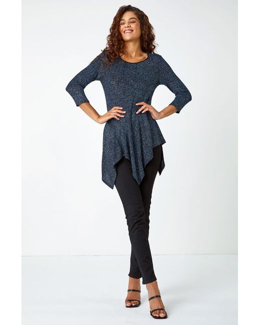 Roman Blue Glitter Hanky Hem Tunic Stretch Top