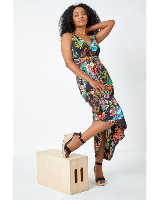 Roman Petite White Sleeveless Tropical Maxi Stretch Dress