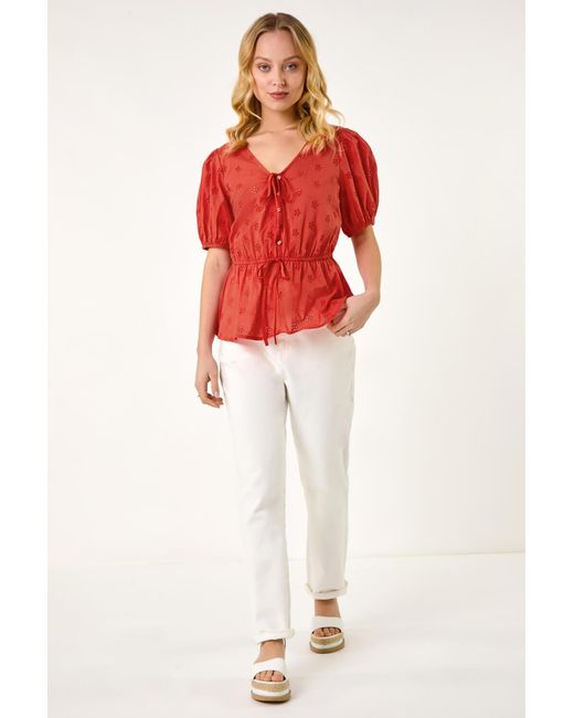 D.u.s.k Red Puff Sleeve Broderie Top