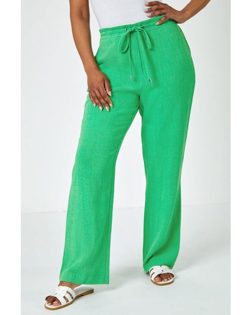 Roman Petite Green Linen Mix Elastic Waist Wide Leg Trouser