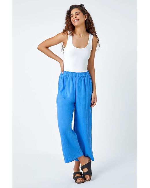 Roman Blue Textured Cotton Elastic Waist Culotte Trousers