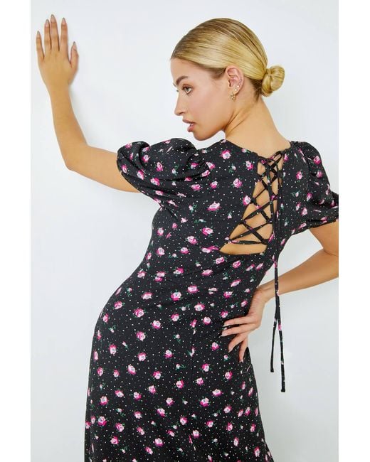 D.u.s.k Blue Ditsy Floral Print Lace Back Midi Dress
