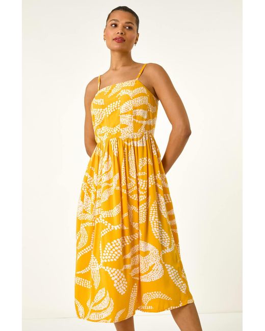 Roman Yellow Leaf Print Strap Midi Dress