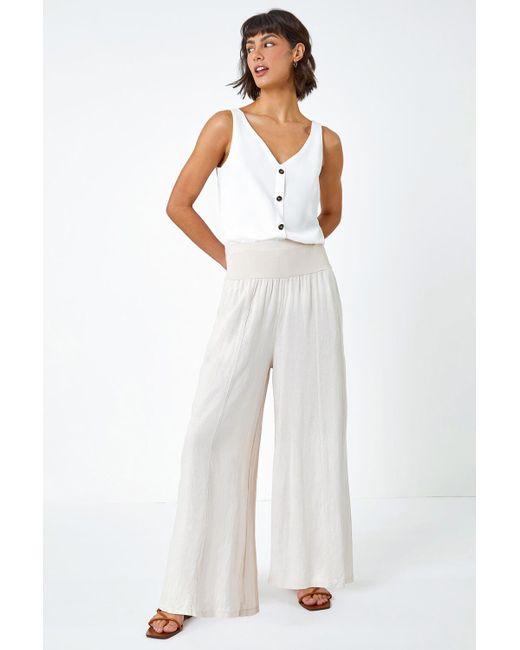 Roman White Linen Blend Wide Leg Trousers