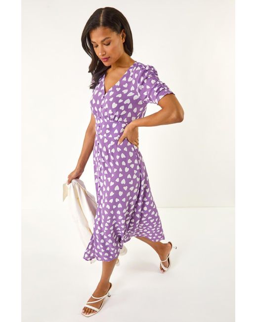 Roman Purple Heart Print Ruched Midi Dress