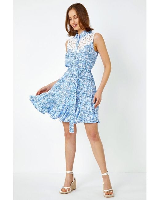 Roman Blue Sleeveless Lace Trim Floral Shirt Dress