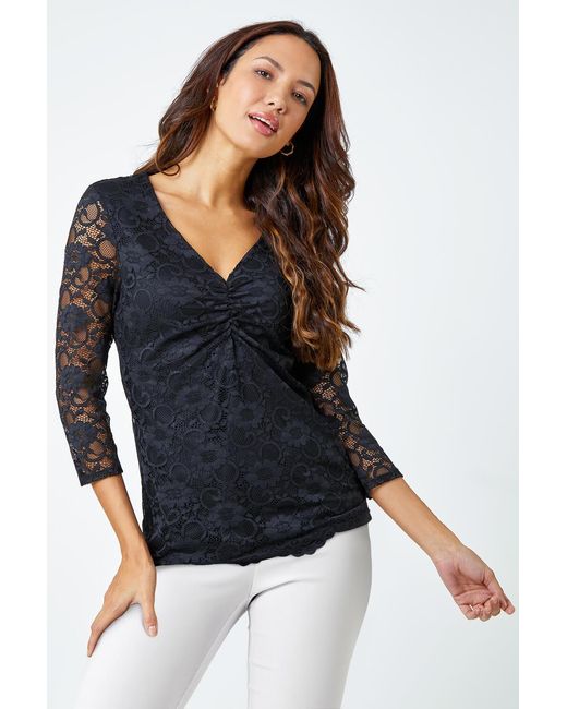 Roman Black Lace V-Neck Scallop Hem Top