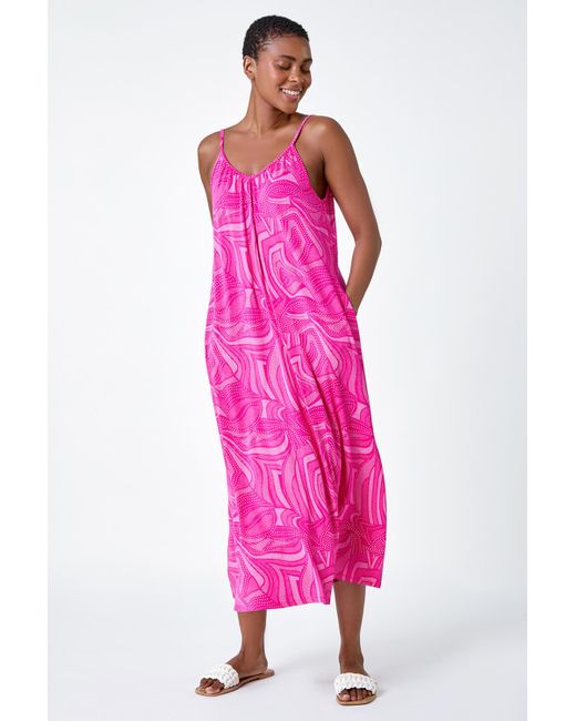 Roman Pink Abstract Stretch Jersey Pocket Midi Dress