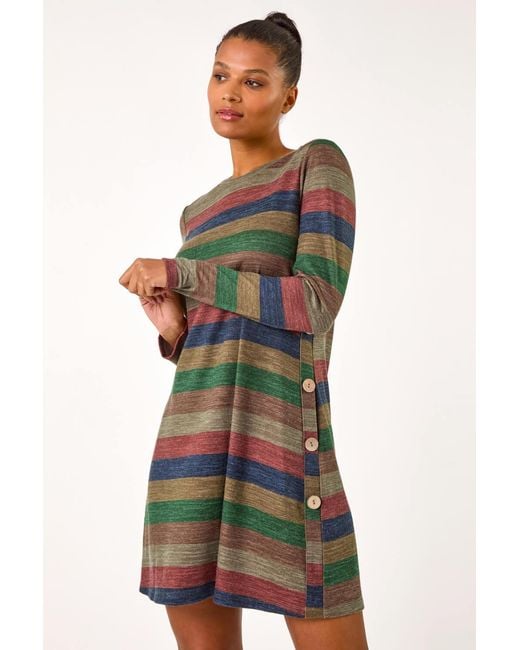 Roman Blue Stripe Print Side Button Shift Dress