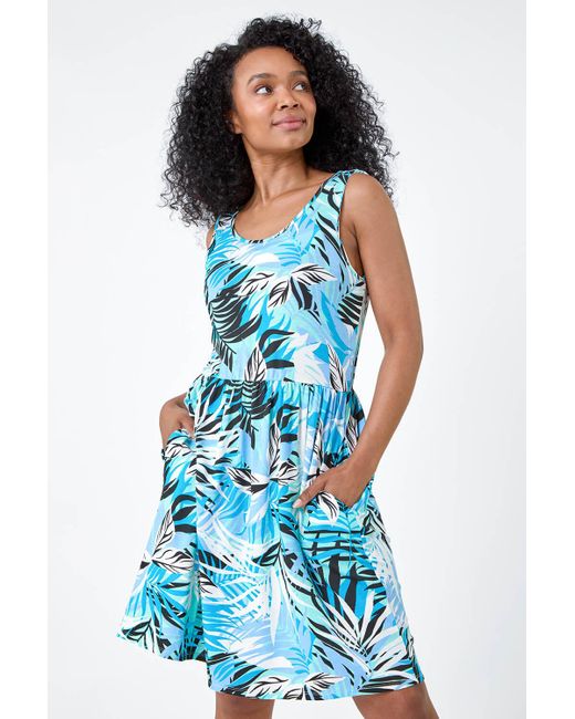 Roman Blue Originals Petite Tropical Leaf Print Pocket Dress