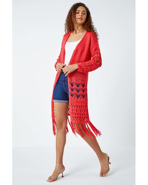 Roman Red Crochet Fringe Hem Longline Cardigan