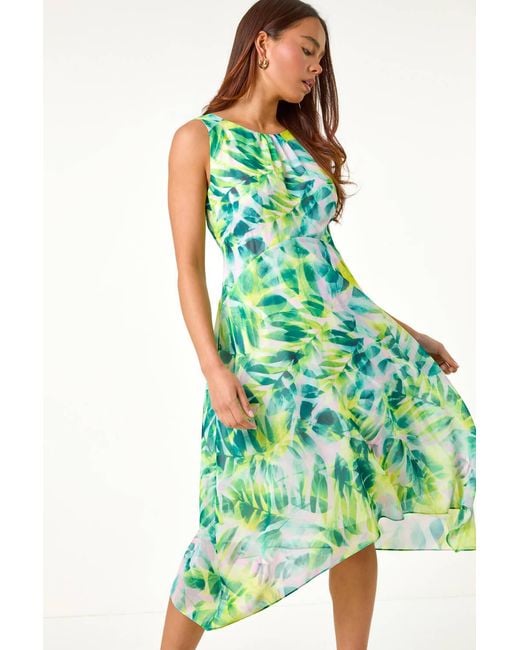 Roman Petite Green Hanky Hem Leaf Print Midi Dress
