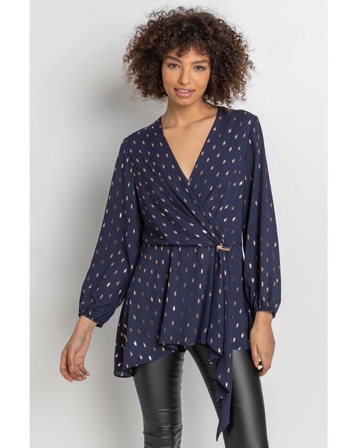 Roman Blue Metallic Polka Dot Print Cross Over Top