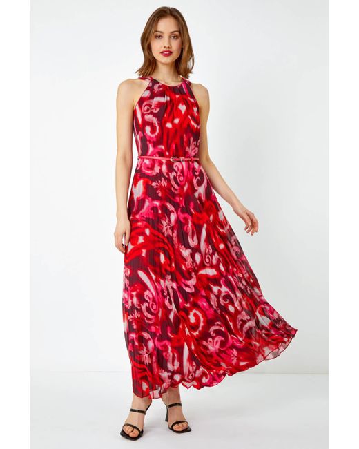 Roman Red Swirl Print Pleated Maxi Dress