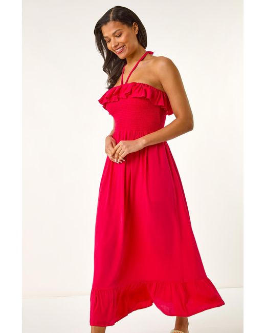Roman Frill Shirred Bandeau Midi Dress