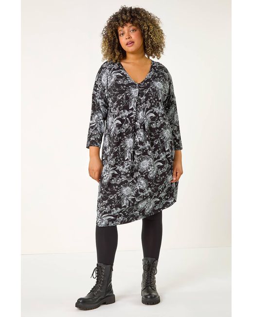 Roman Curve Black Floral Print V-Neck Pleated Swing Dress