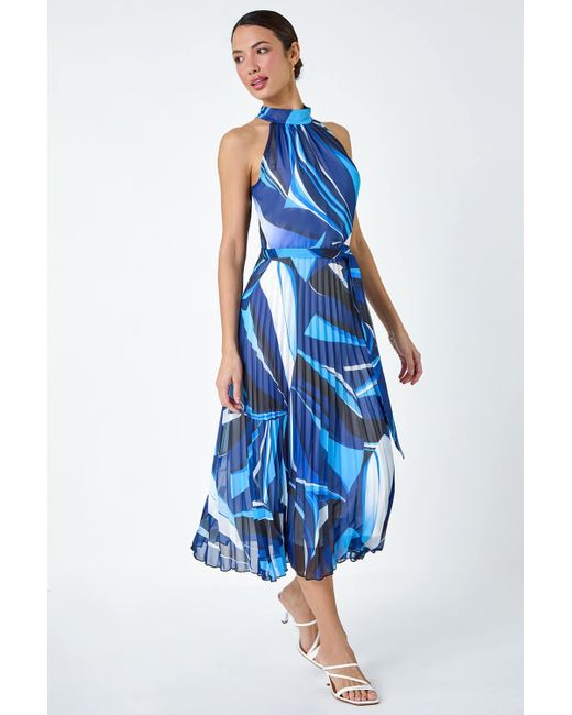 Roman Blue Abstract Print Pleated Chiffon Midi Dress