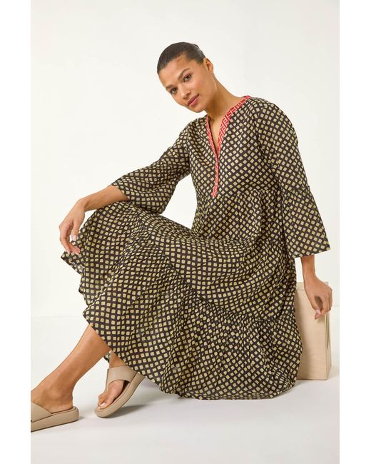 Roman Brown Geometric Tiered Midi Dress