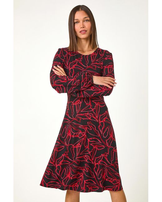 Roman Red Leaf Print Stretch Tea Dress