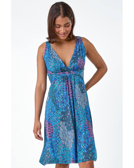 Roman Blue Abstract Floral Stretch Jersey Dress