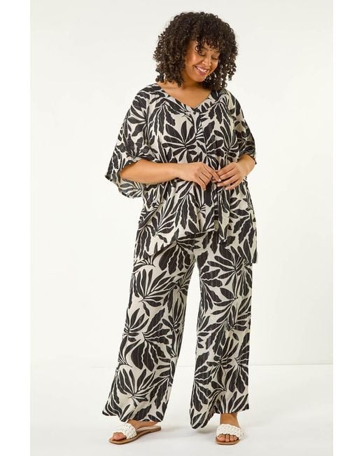 Roman Curve Black Leaf Print Metallic Wide Leg Trouser