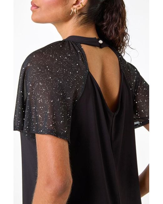 Roman Black Sparkle Mesh Sleeve Jersey Top