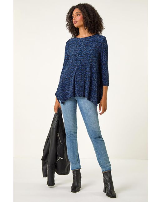 Roman Blue Printed Plisse Hanky Hem Tunic Stretch Top