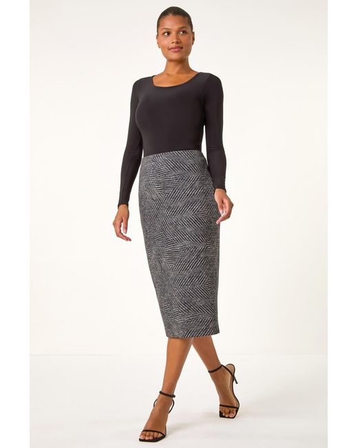 Roman Black Abstract Print Elastic Waist Pencil Skirt