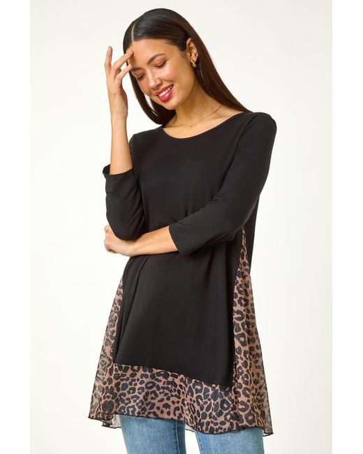 Roman Black Animal Print Mesh Hem Tunic