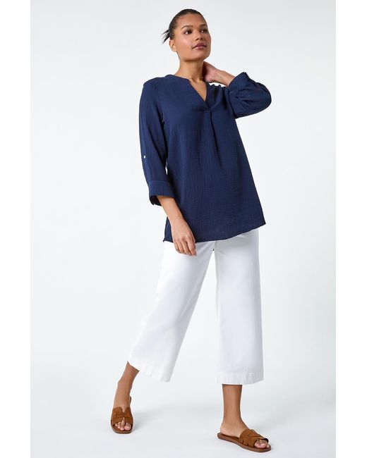 Roman Blue V-Neck Pleat Detail Cotton Top