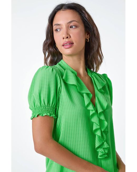 Roman Green Waffle Textured V-Neck Frill Detail Top
