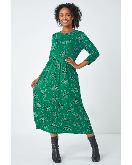 Roman Petite Green Floral Print Stretch Midi Dress