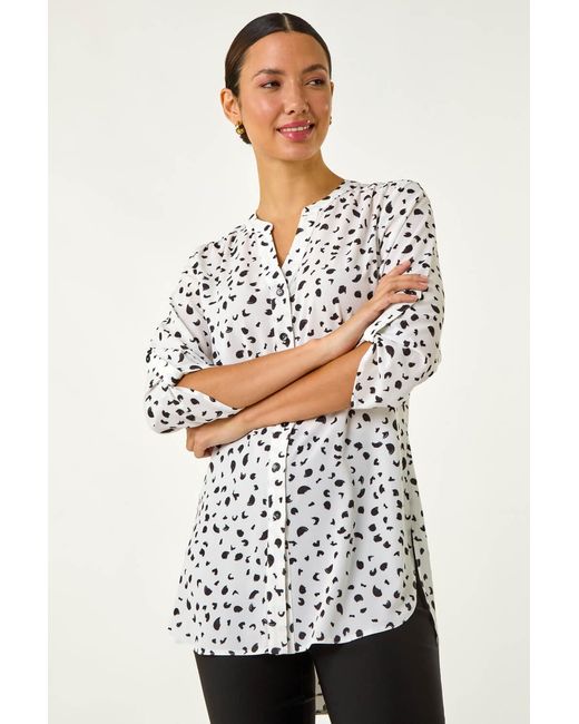 Roman White Spot Print V-Neck Button Blouse