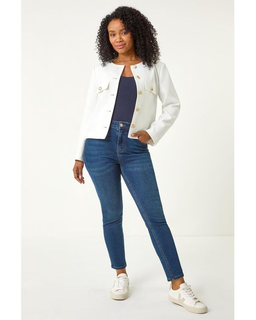 Roman Petite White Collarless Button Up Jacket